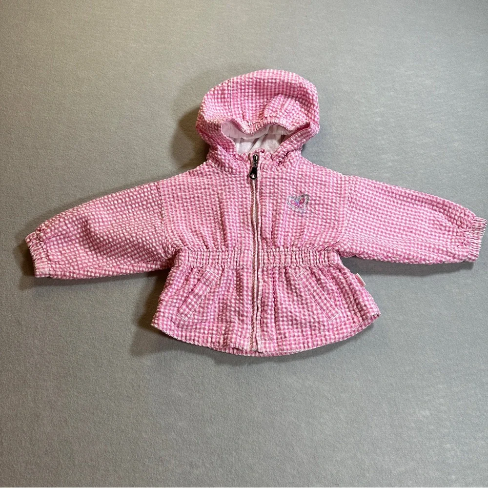 Vintage OshKosh Baby Girls Pink Check Butterfly Hooded Zip Jacket 3–6‎ Months